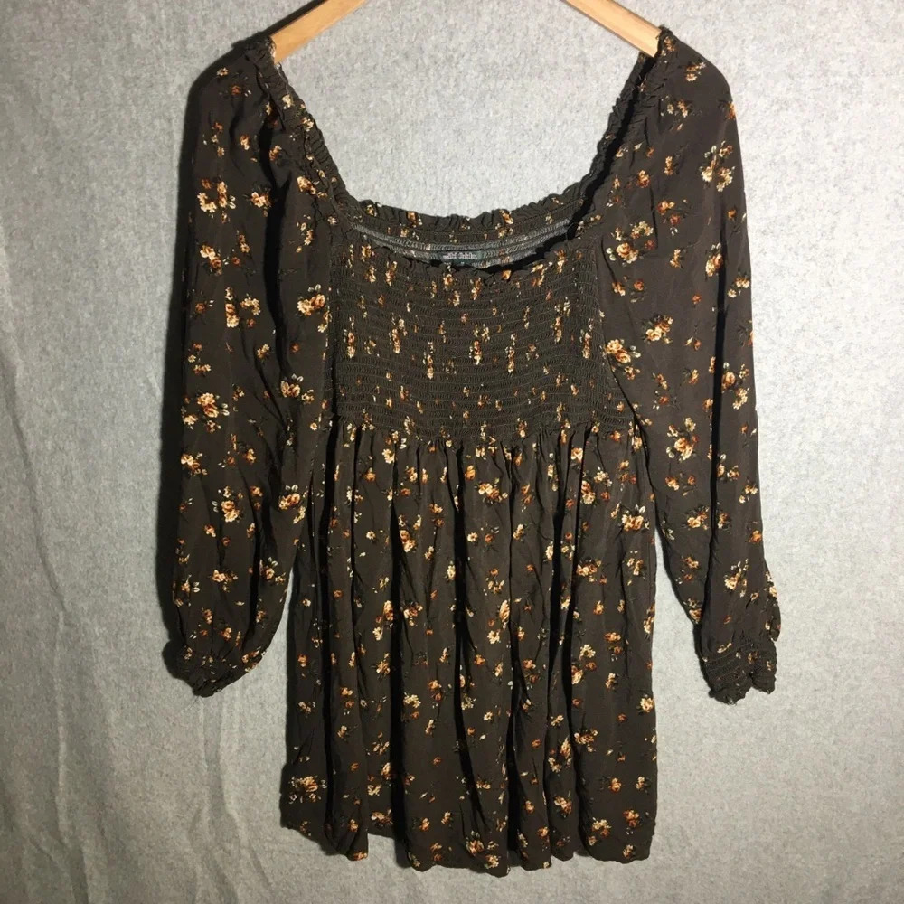 Womens Wild Fable Dress Cottage Core Smocked Shirred Floral Brown Neutral